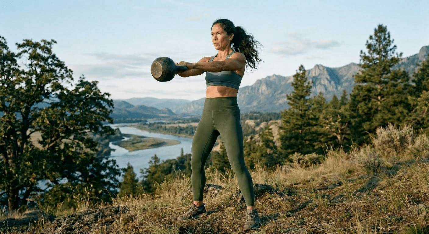Indigenous woman holds basket of herbs and wooden staff outdoors